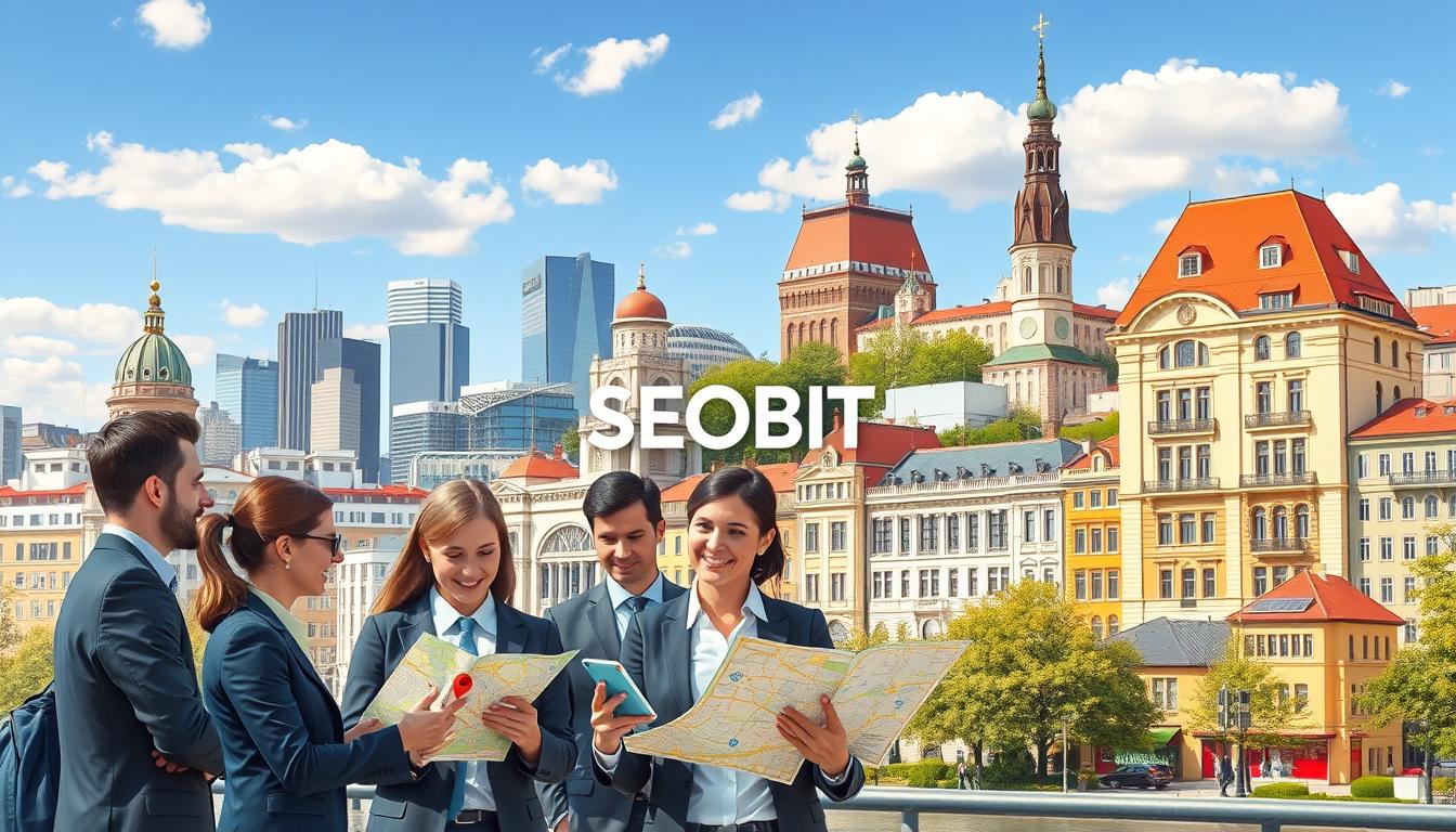 A vibrant, detailed illustration of local SEO in the districts of Warsaw, showcasing notable landmarks like the Palace of Culture and Science, and charming residential areas. In the foreground, a diverse group of professionals dressed in business attire engages in a collaborative discussion over maps and digital devices, symbolizing teamwork in local business visibility. The middle layer features iconic Warsaw architecture, blending modern skyscrapers with historical buildings, representing the city's rich culture. The background reveals a clear blue sky sprinkled with clouds, suggesting a bright future. Soft, natural lighting casts gentle shadows, enhancing the scene’s professional atmosphere. Include "SEOBIT" subtly integrated into the cityscape, reinforcing the theme of enhancing local commerce visibility in Warsaw.