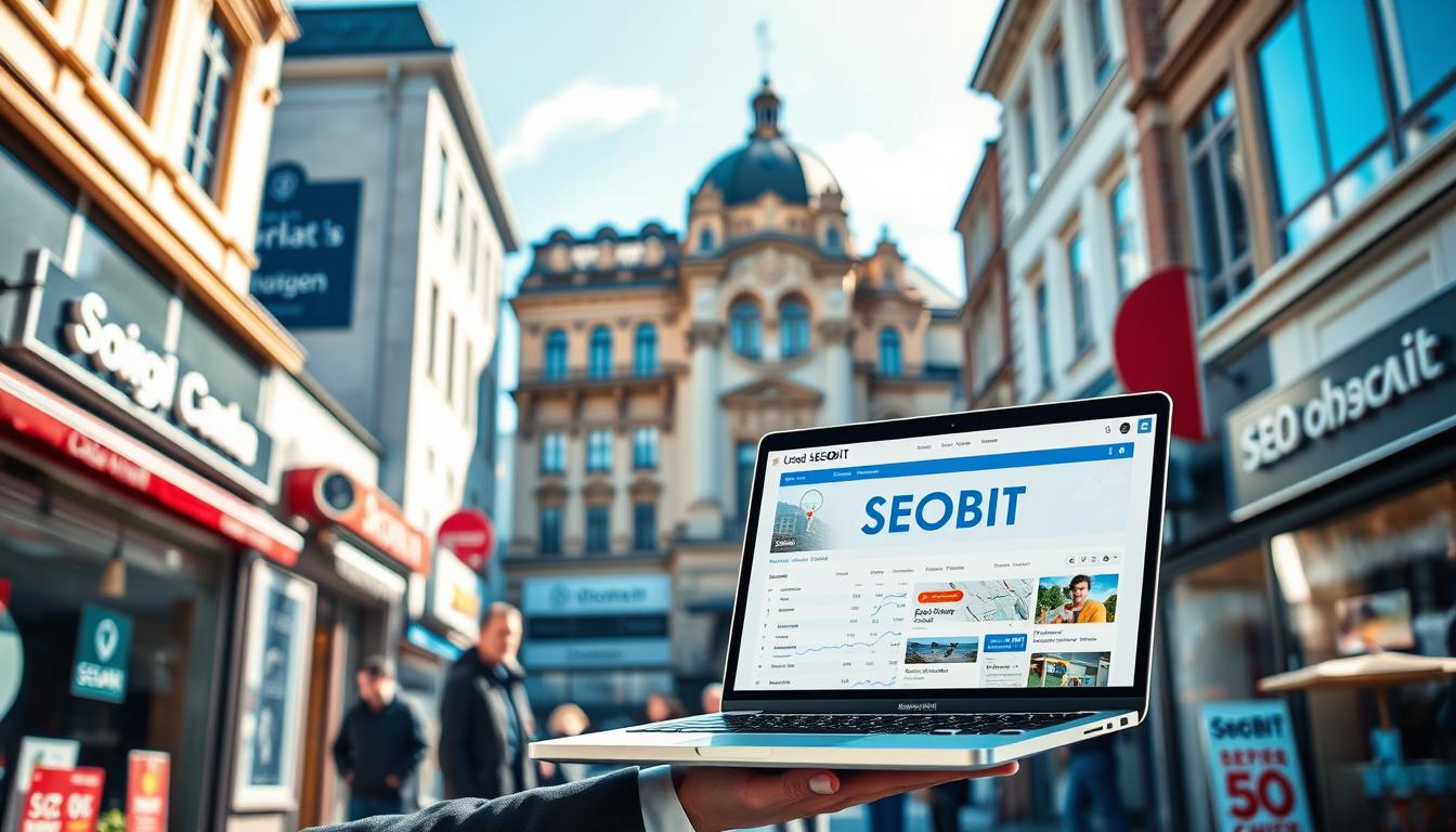A vibrant urban scene in Warsaw showcasing the benefits of local SEO for businesses. In the foreground, a professional businessperson, dressed in smart attire, holds a laptop displaying analytics data on local search visibility. In the middle, a modern shopping street filled with diverse local businesses, featuring eye-catching storefronts that highlight SEO methods, such as online reviews and Google Maps listings. The background features iconic Warsaw architecture, with a clear blue sky above and sunlight casting soft shadows. The mood is optimistic and entrepreneurial, symbolizing growth and success. Include the brand name "SEOBIT" subtly on a laptop screen. The image should convey the importance of investing in local SEO to enhance business visibility in the community.