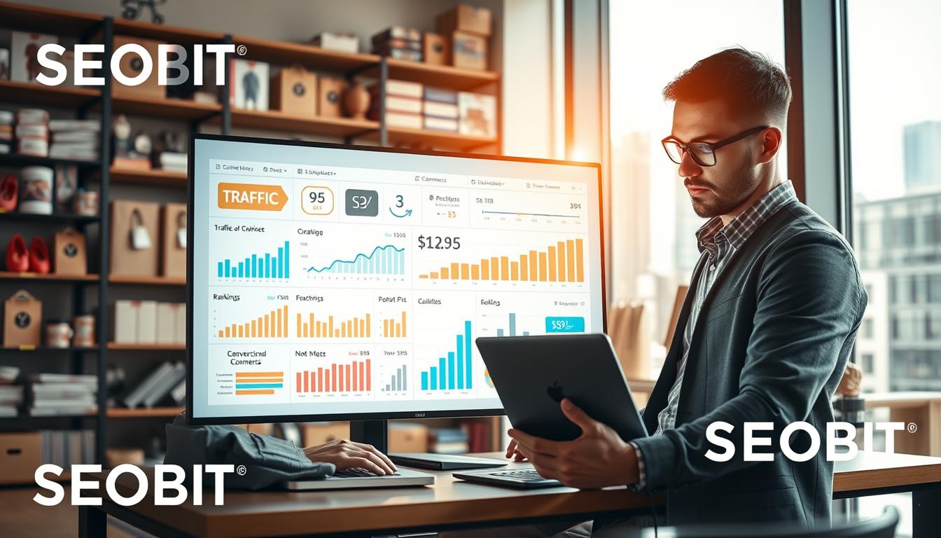 A visually engaging digital workspace illustrating the concept of SEO for e-commerce. In the foreground, a professional who appears focused is analyzing data on a laptop, dressed in smart casual attire. The middle section features a large digital screen displaying charts, graphs, and key SEO metrics relevant to online shops, with keywords like "traffic," "conversions," and "rankings" highlighted. In the background, shelves filled with various e-commerce products create a dynamic shopping environment. Soft, natural lighting enhances productivity, coming from a large window with a cityscape view. The overall mood is one of innovation and efficiency, embodying the essence of digital marketing and SEO strategies. Include the brand name "SEOBIT" subtly integrated into the design elements.