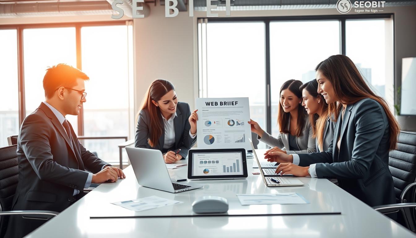 A visually engaging image illustrating the concept of "korzyści briefu strony internetowej" in a professional setting. The foreground features a diverse group of business professionals in business attire, collaborating around a sleek conference table, deeply focused on a digital tablet displaying a mock-up of a web brief. In the middle, there are charts, notes, and a laptop, symbolizing teamwork and strategy. The background showcases a modern office with large windows letting in soft, natural light that creates a warm atmosphere. The overall mood is one of creativity and innovation, emphasizing the benefits of a well-prepared web brief. Incorporate subtle branding elements of "SEOBIT" in the office design, ensuring it blends seamlessly into the environment without distractions.
