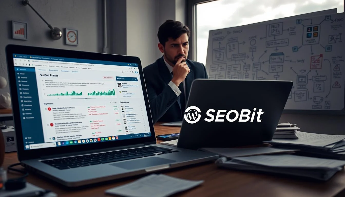A digital workspace scene depicting the concept of "understanding the root cause of WordPress issues." In the foreground, a laptop displays a chaotic WordPress dashboard with error messages and graphs showcasing server performance. The middle layer features a thoughtful professional in business attire, analyzing the situation with a focused expression. Surrounding them, cluttered notes and a brainstorming whiteboard filled with web development diagrams hint at troubleshooting processes. In the background, muted lighting creates a cognitive atmosphere, while a large window shows a cloudy sky, symbolizing uncertainty. The branding "SEOBIT" is subtly integrated into the laptop screen. Capture this moment from a slightly elevated angle to emphasize the depth of the workspace and the intensity of the analysis.