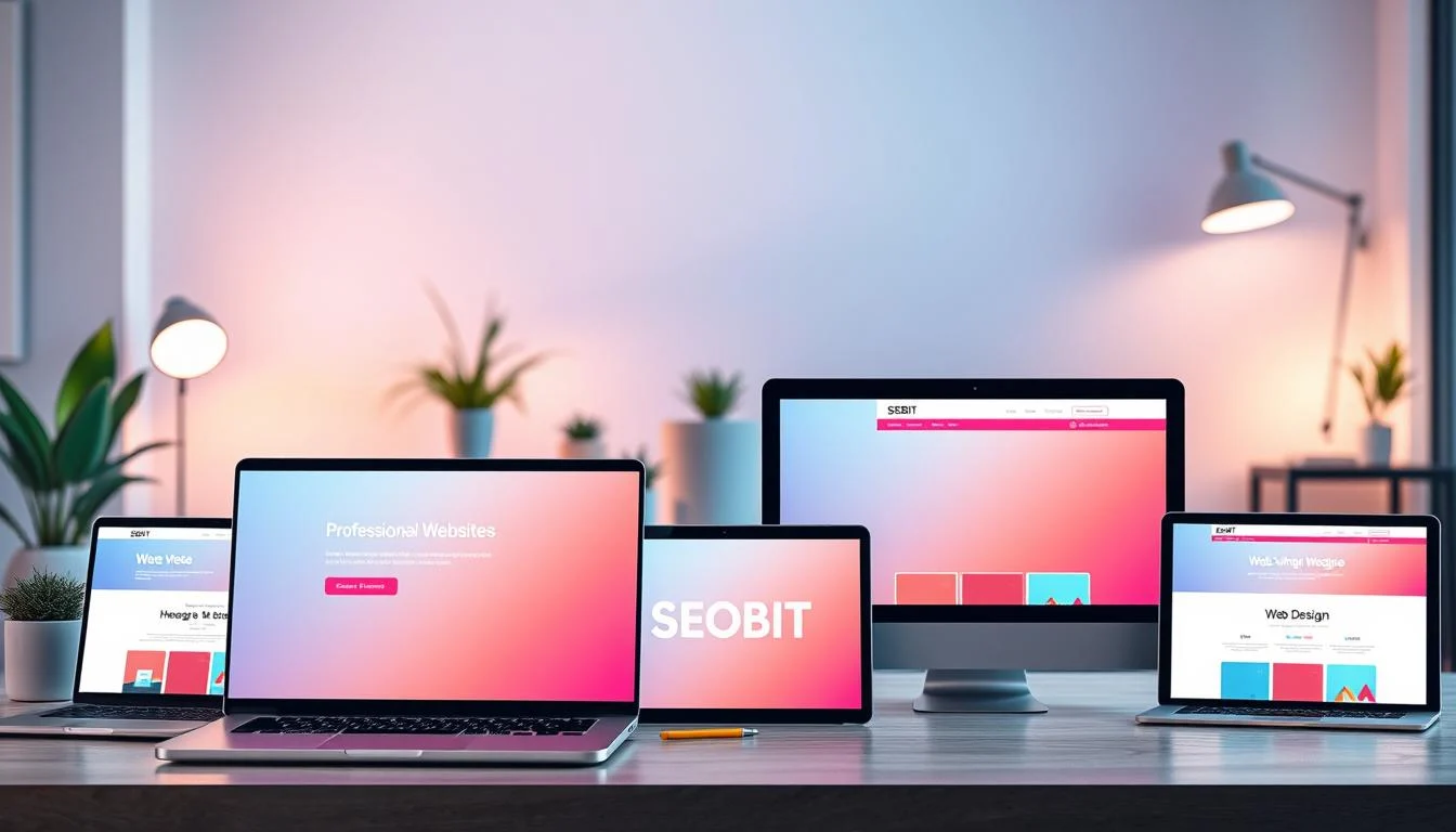 A modern and visually appealing website interface design to depict professional websites, showcasing a clean layout with a focus on user experience. In the foreground, feature sleek devices such as laptops and tablets displaying the website's homepage with a vibrant color palette. The middle ground includes a minimalist workspace with a stylish desk and potted plants, creating a welcoming atmosphere. In the background, incorporate abstract graphics symbolizing digital connectivity and innovation, with soft, diffused lighting emanating from the screens. The overall mood should be professional yet inviting, conveying the essence of reliable and attractive web design. Add the brand name "SEOBIT" subtly integrated into the website design on the screens, without any text overlays or additional distractions.