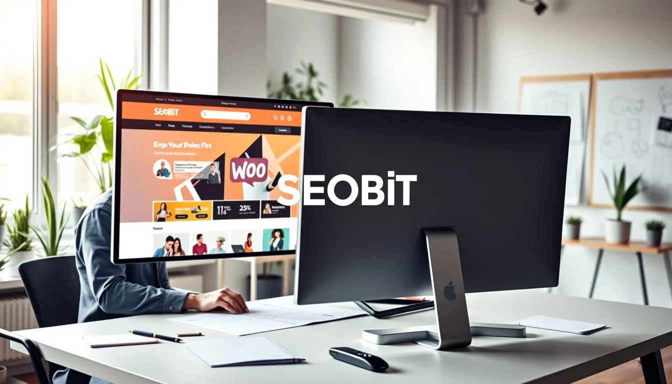 A modern, bright office environment featuring a professional web developer at work, designing a sleek WooCommerce website on a large computer screen. The foreground showcases the screen displaying an engaging e-commerce layout, vibrant colors, and product images. In the middle, the developer, a focused individual in smart casual attire, is engaged in coding, with design sketches and notes scattered around the desk. The background reveals a stylish office decor, incorporating elements like potted plants and a minimalistic whiteboard with UX/UI sketches. Soft, natural lighting pours in through large windows, creating a positive and productive atmosphere. The brand "SEOBIT" is subtly integrated into the design elements on the screen, enhancing the theme of website creation without being overt.