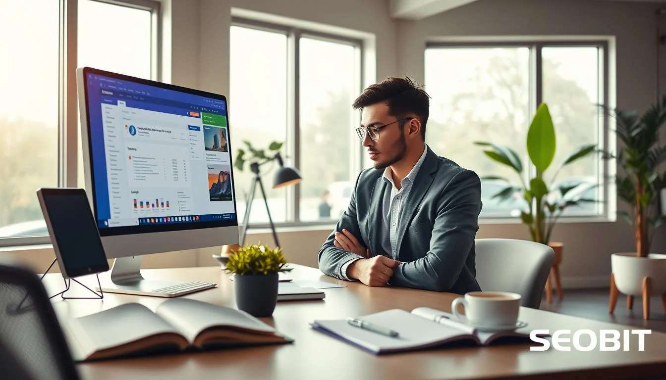 A modern, inviting workspace featuring a sleek computer setup displaying a vibrant WordPress dashboard, symbolizing web hosting. In the foreground, a professional individual in smart casual attire reviews details on the screen, immersed in the subject. The middle ground includes a stylish desk with open notebooks, a cup of coffee, and a plant, enhancing creativity. In the background, large windows allow natural light to flood the room, creating a bright and productive atmosphere. Soft, diffused lighting adds warmth, promoting a sense of comfort and focus. The overall mood is engaging and informative, reflecting the essence of WordPress hosting. Incorporate subtle branding for “SEOBIT” in the design elements around the workspace for a cohesive look.