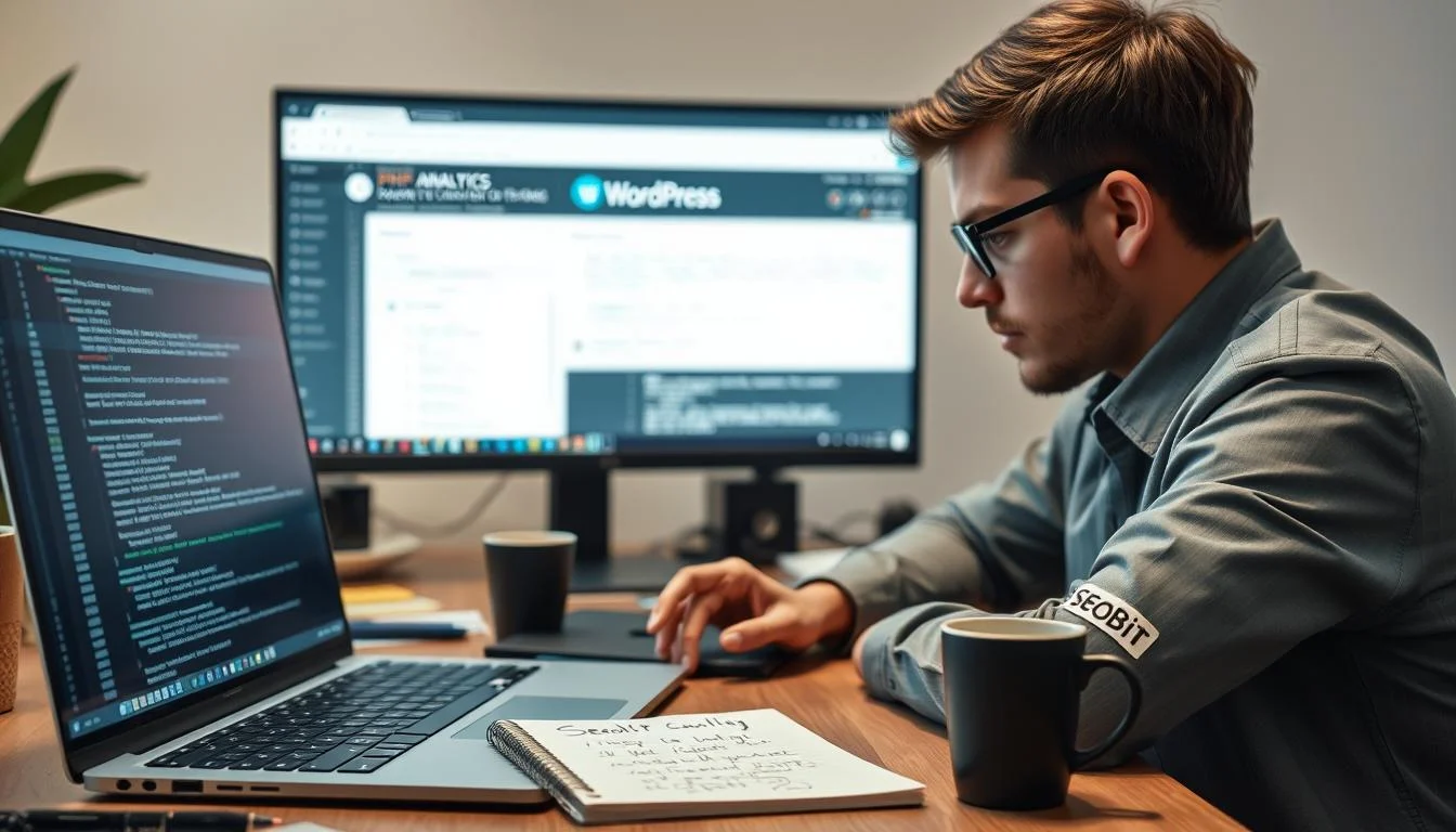 A professional, modern workspace showcasing the process of debugging in WordPress. In the foreground, a focused developer, dressed in smart casual attire, is intently examining code on a laptop screen displaying error messages. The middle layer features a desk cluttered with tech tools, like a notepad with scribbled notes, a coffee cup, and a smartphone with WordPress analytics open. In the background, a soft-focus computer monitor shows a WordPress dashboard, with clear indications of plugin settings and PHP error logs. Ambient lighting creates a calm, concentrated atmosphere, suggesting problem-solving. The scene is captured from a slightly elevated angle, allowing for a comprehensive view of the workspace. Include subtle branding elements like "SEOBIT" on the laptop stickers.
