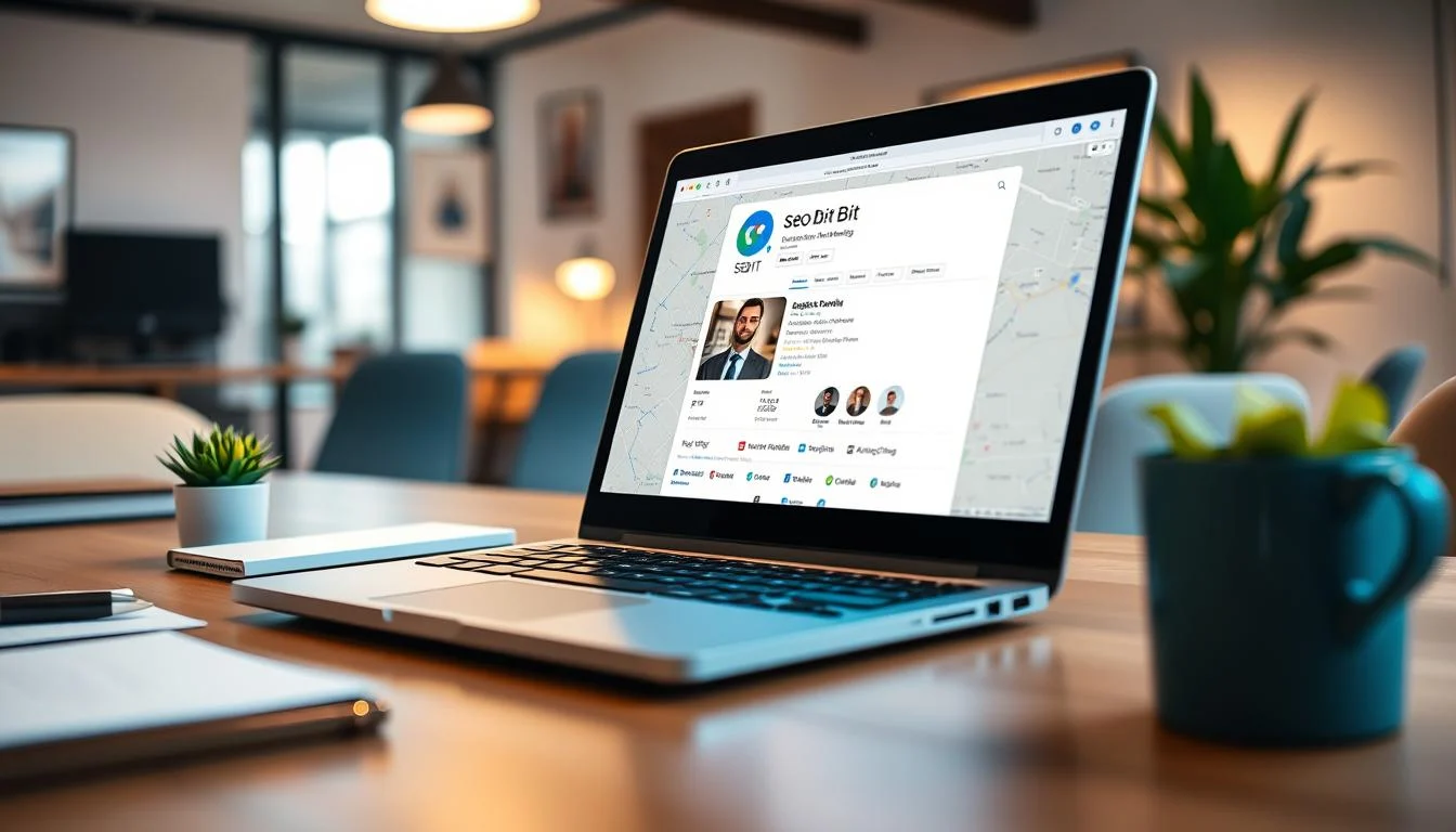 A realistic digital representation of a Google My Business listing interface, showcasing a well-designed business card for "SEOBIT". In the foreground, focus on an open laptop with a vibrant, clear screen displaying the Google Maps profile, featuring professional elements such as the business name, contact details, and an inviting cover photo related to digital marketing. The middle ground includes a desk environment with office supplies, a small green plant, and a coffee cup, highlighting a professional workspace. The background depicts a cozy, modern office with soft ambient lighting, creating an approachable and professional atmosphere. The angle is slightly overhead to capture the laptop screen clearly, emphasizing the importance of a polished online presence.