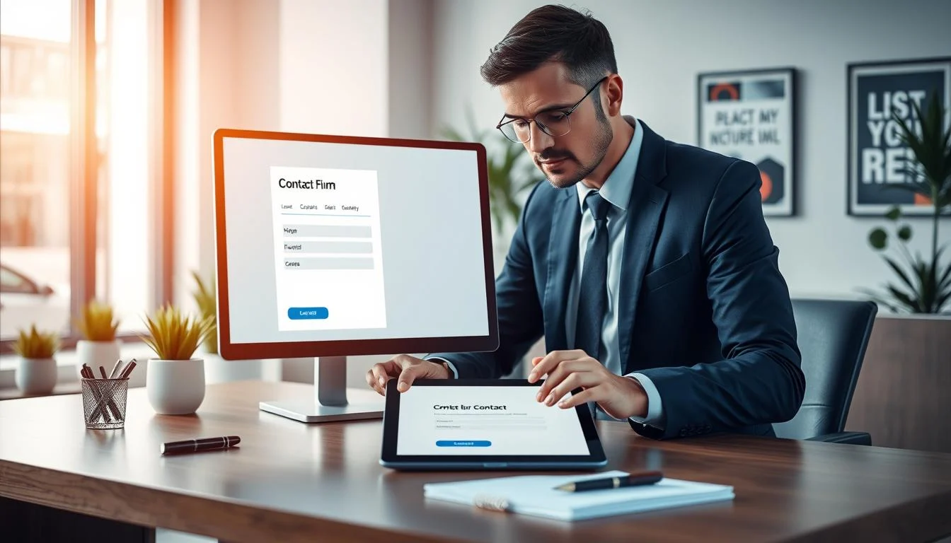 A sleek, modern office environment serves as the backdrop, illustrating the concept of contact forms. In the foreground, a professional individual in smart business attire is seated at a stylish desk, actively engaging with a computer screen displaying a visually appealing contact form layout. The middle layer showcases a digital tablet with an open form design, surrounded by stationery like pens and notes, indicating a productive workspace. The background features soft-focus elements like potted plants and motivational posters to create an inviting atmosphere. Warm, natural lighting streams through a large window, casting gentle shadows and enhancing the overall clarity. The image subtly incorporates the brand name "SEOBIT" into the design of the contact form on the screen, reflecting professionalism and user engagement.