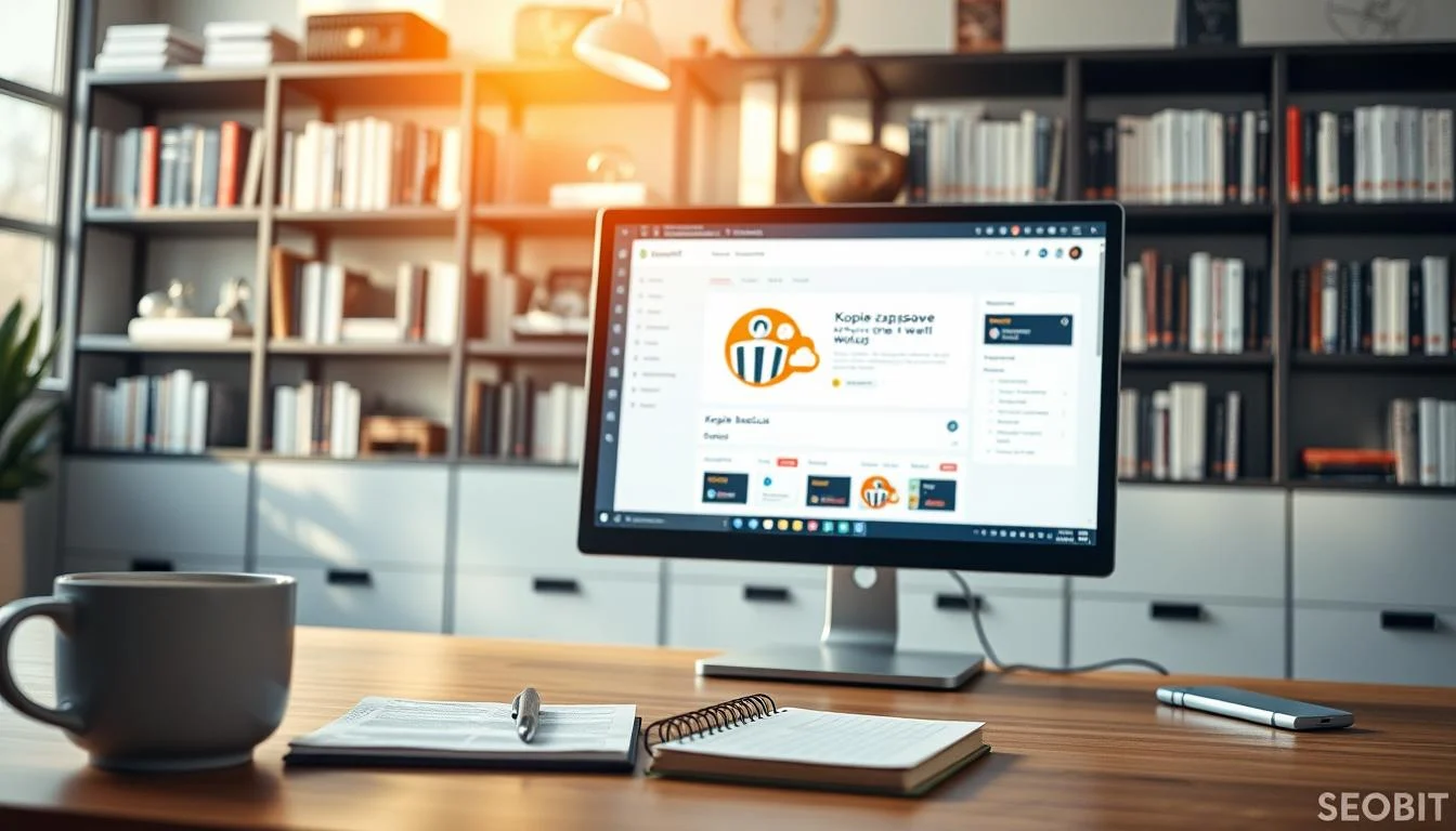 A sleek, modern workspace showcasing a computer screen displaying a WordPress dashboard. The foreground features a cup of coffee and a notepad with technical notes. In the middle, the screen illustrates a vibrant backup icon, symbolizing "kopie zapasowe WordPress," with graphical representations of files and cloud storage. The background displays softly illuminated shelves filled with books on web design and programming. The natural light from a nearby window casts warm shadows, creating a productive atmosphere. The mood is focused yet inviting, emphasizing the importance of website maintenance. Capture this scene with a shallow depth of field to highlight the computer screen. Include the brand name "SEOBIT" subtly woven into the design of the computer interface.
