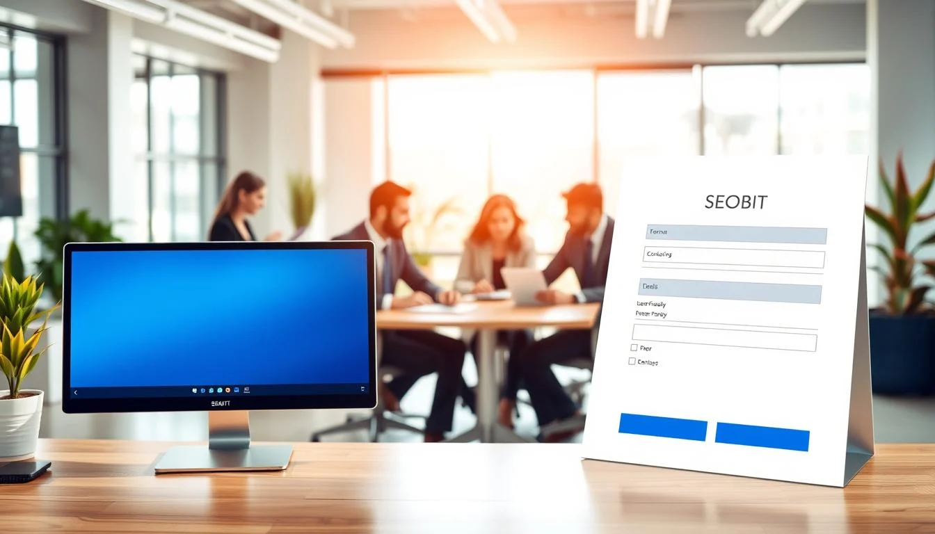 A visually striking design focusing on the optimization of contact forms, set in a modern office environment. In the foreground, a clean, user-friendly contact form is displayed on a sleek computer screen, featuring intuitive fields and engaging design elements. In the middle ground, a diverse group of professionals in business attire collaborates at a table, analyzing data and discussing improvements. The background showcases a bright, open office space with tech gadgets and vibrant plants, creating a productive atmosphere. Soft natural lighting filters through large windows, enhancing the professionalism of the scene. Capture the essence of effective communication and user engagement, while subtly incorporating the brand name "SEOBIT" within the form design. Aim for a contemporary, innovative mood that reflects the importance of optimized contact forms.