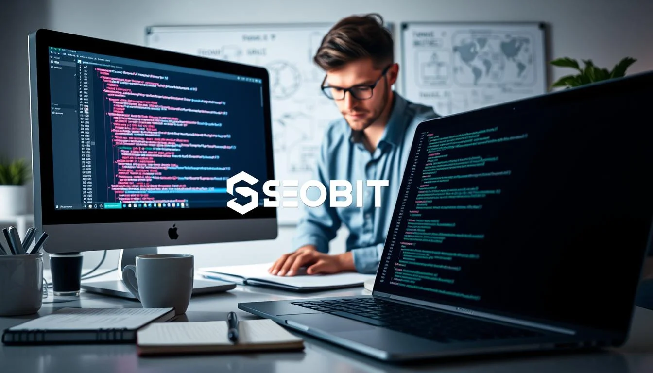 A visually striking digital workspace showcasing the debugging process in WordPress. In the foreground, a computer screen displays vibrant PHP error codes and debugging tools, illuminated by soft, focused lighting. Surrounding the computer are essential tools like a notebook, coffee cup, and an open laptop with code on the screen. In the middle ground, a professional figure, dressed in smart casual attire, intently examines the screen, embodying concentration and problem-solving. The background features a modern office environment with a whiteboard filled with technical diagrams and notes. The overall atmosphere is one of technical proficiency and innovation, reflecting the significance of debugging in maintaining website performance. The logo "SEOBIT" subtly integrated into the workspace adds a professional touch.