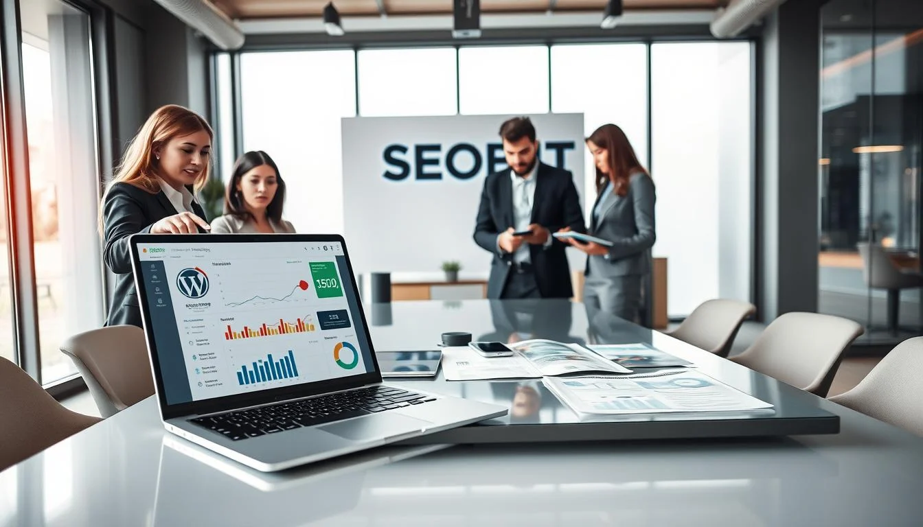 Visualize a professional and modern workspace where a diverse team of business professionals is collaborating on a project related to WordPress hosting. In the foreground, focus on a sleek laptop displaying a WordPress dashboard with graphs and performance metrics. To the left, a woman in business casual attire is pointing at the screen, while a man in a suit, taking notes, watches intently. In the middle ground, an elegant conference table is surrounded by various hosting-related materials, like brochures and charts. The background features a contemporary office environment with large windows allowing soft natural light to fill the space, creating an inviting atmosphere. Include subtle branding elements with "SEOBIT" appearing in the workspace design, emphasizing a theme of digital innovation and reliability. The overall mood should be collaborative and insightful, conveying a sense of professionalism and modernity.
