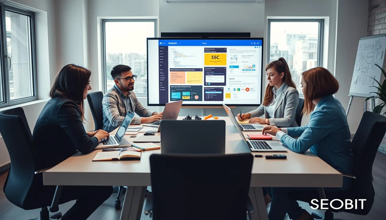 A bright and modern workspace illustrates "Introduction to Web Development." In the foreground, a diverse group of three professionals, dressed in smart casual attire, collaborates around a sleek table covered with laptops, notebooks, and digital design mockups. The middle ground features a large screen displaying colorful wireframes and code snippets, symbolizing the dynamic nature of web design. In the background, a whiteboard filled with brainstorming notes and diagrams enhances the idea of creative development. Soft, natural lighting from large windows creates an inviting atmosphere, conveying innovation and teamwork. The overall mood is energetic and focused, reflecting the excitement of entering the world of web creation. Include the brand name "SEOBIT" subtly in a corner of the screen.