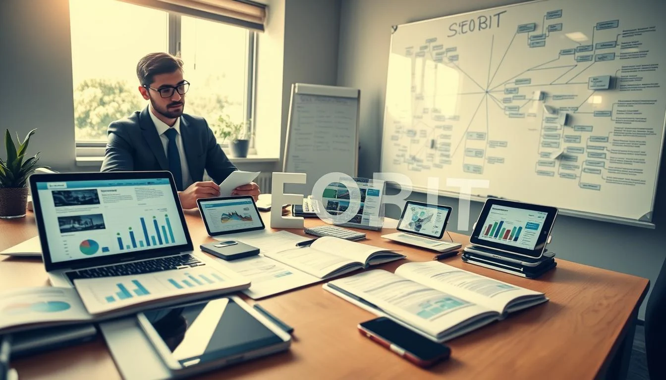 A professional workspace showcasing the process of website analysis and information gathering, emphasizing the foundational aspects of a project. In the foreground, a focused individual wearing business attire, sitting at a desk covered with open notebooks, charts, and a laptop displaying analytical data. In the middle ground, various digital devices (tablets, smartphones) showing website layouts and analytics graphs. The background features a large whiteboard filled with brainstorming notes and mind maps, depicting the planning process. Soft, natural lighting from a nearby window creates a warm and collaborative atmosphere. The overall mood is one of productivity and creativity, centered around the theme of "SEOBIT".