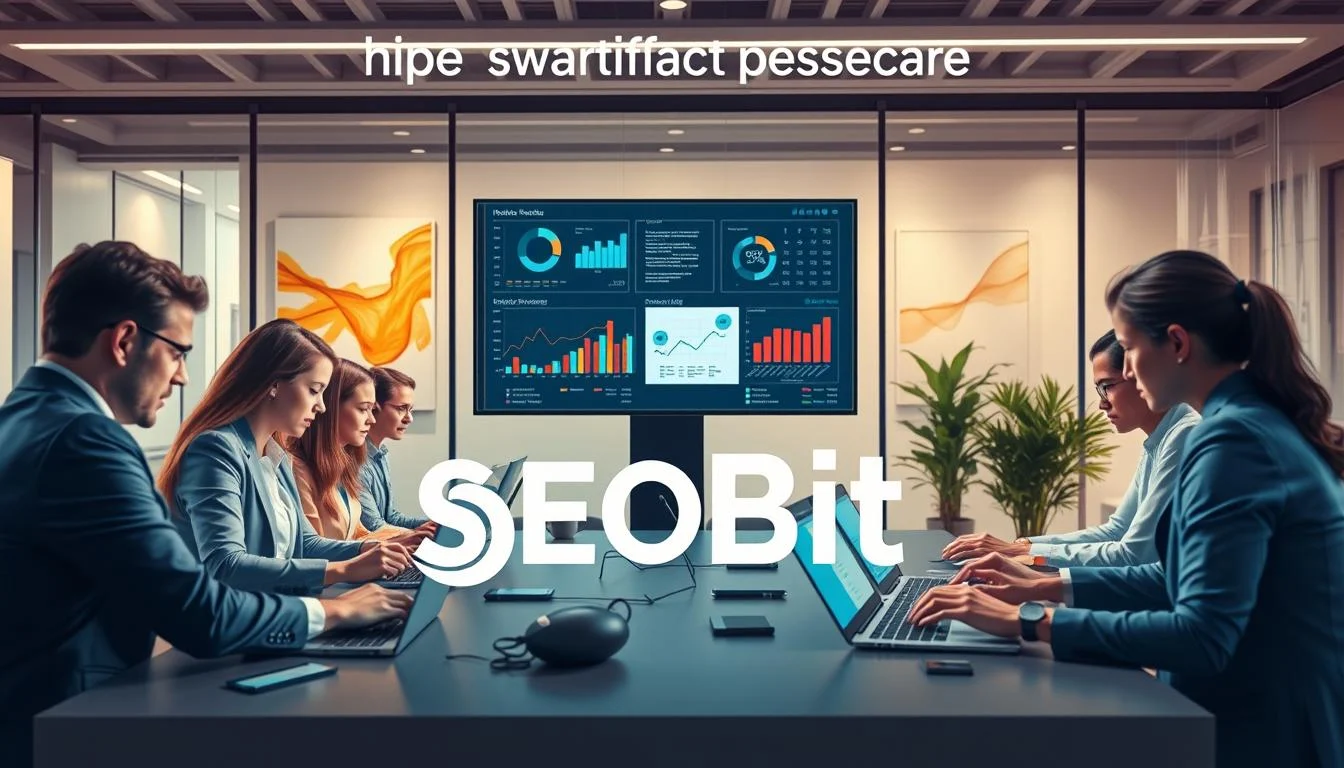 A vibrant, digital workspace scene illustrating the concept of "the significance of online presence." In the foreground, a diverse group of professionals working on laptops, dressed in smart business attire, collaborating over digital marketing strategies. In the middle, a large screen displays data analytics and website designs highlighting key performance metrics. The background features a modern office with glass walls and abstract art, suggesting creativity and innovation. Soft, natural lighting streams in from large windows, creating a warm and inviting atmosphere. The visual imagery conveys the fast-paced, connected world of online business, with a focus on the importance of digital engagement. Include the brand name "SEOBIT" subtly integrated into the design, enhancing the focus on online business success.