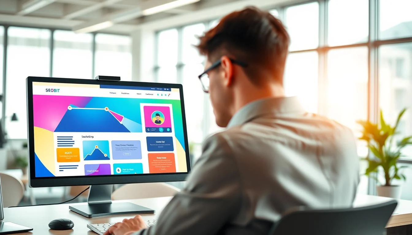 A visually engaging scene depicting the definitions of a website and a landing page. In the foreground, illustrate a computer screen displaying a sleek, modern website interface with vibrant colors and well-organized sections, alongside a separate window showcasing a focused, action-oriented landing page with a clear call to action. In the middle ground, include a professional person in business attire analyzing the screens, deeply engaged in the digital experience. The background should be a bright, airy office space with soft natural lighting filtering through large windows, conveying a productive and inspirational atmosphere. Emphasize clarity and detail in the interfaces, while incorporating the brand name "SEOBIT" subtly within the design of the website.