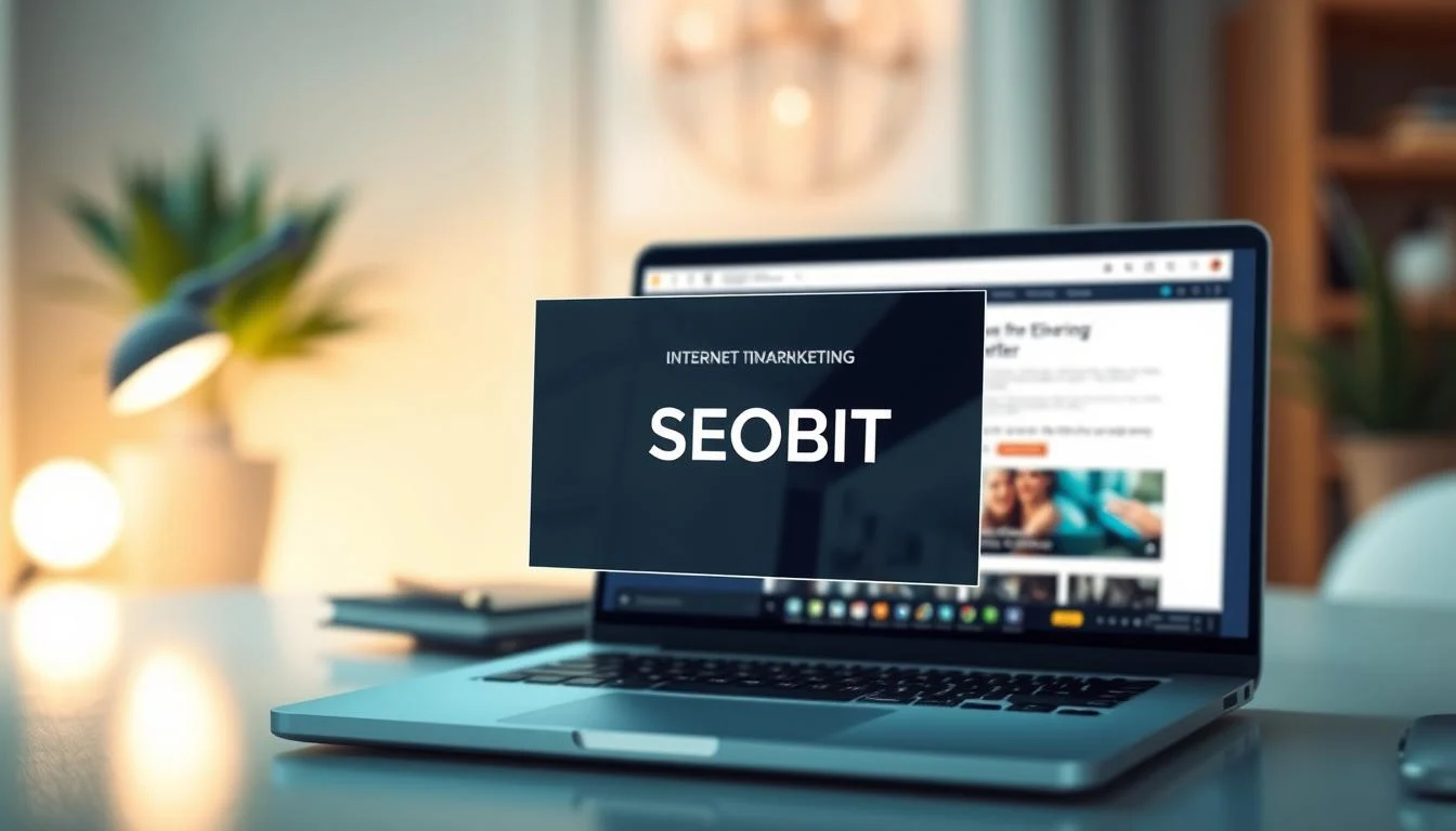 A dynamic digital illustration of a sleek, modern popup window highlighting a marketing offer. The foreground features a professional-looking popup design with engaging visuals, capturing the essence of internet marketing. In the middle ground, a blurred laptop screen showcases the Elementor Pro interface, emphasizing the tool's user-friendly design. The background is a stylish workspace with soft, ambient lighting to create a warm and inviting atmosphere. The color palette includes soft blues and greens, enhancing a sense of trust and sophistication. Add the brand name "SEOBIT" prominently within the design of the popup. The mood is focused and professional, reflecting the importance of popups in increasing online conversions.