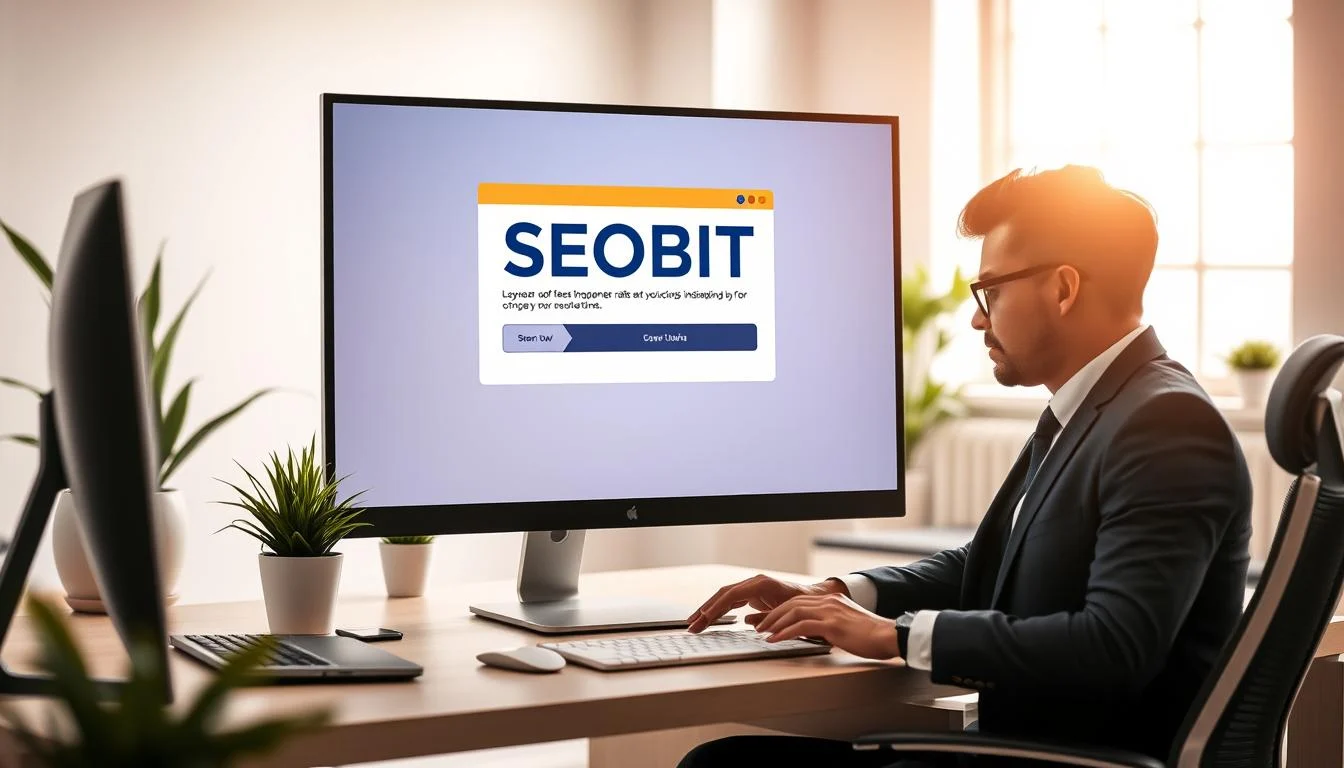 A professional and modern workspace featuring a sleek computer displaying a well-designed pop-up window with an attractive call-to-action. In the foreground, a business professional in stylish attire analyzes the pop-up, embodying focus and intent. The middle ground showcases a bright, minimalist office environment with soft white walls and potted plants, enhancing the productivity vibe. In the background, a large window lets in natural light, casting a warm glow across the scene. The pop-up highlights the brand name "SEOBIT", with eye-catching colors and graphics that suggest increased conversions. The overall atmosphere is inviting and motivating, conveying the effectiveness of pop-ups in driving user engagement and conversion rates. The composition is shot from a slightly elevated angle, adding depth to the workspace.