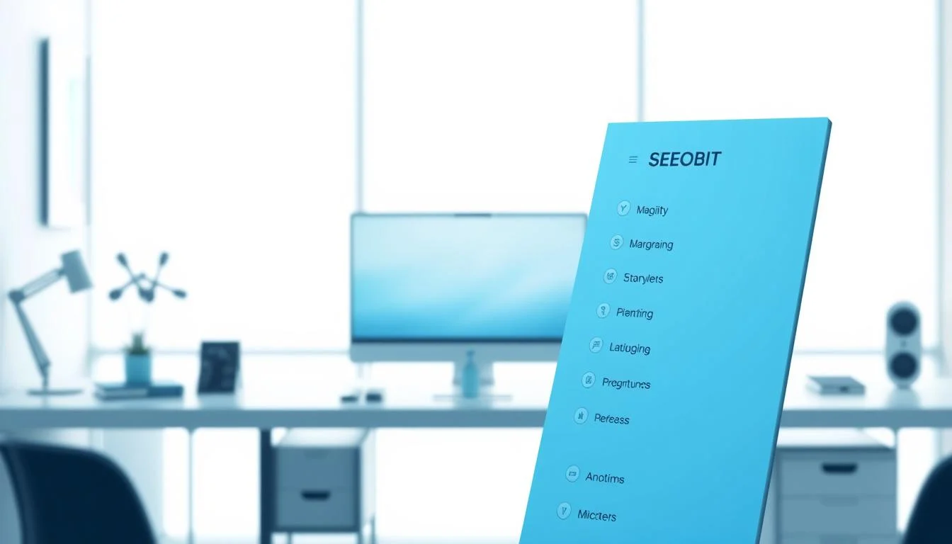 A sleek, modern website navigation menu displayed prominently in the foreground, designed with a minimalist aesthetic that includes smooth, rounded buttons and elegant typography. The menu is dynamically styled with CSS effects, showcasing hover transitions and color changes that suggest interactivity. In the middle ground, a subtle gradient background featuring soft blues and whites creates a calming atmosphere. Distant silhouettes of a well-organized workspace hint at a digital design environment, including a clean desktop and modern monitor, emphasizing creativity and professionalism. The lighting is bright and inviting, mimicking natural daylight from a nearby window, which enhances the fresh and innovative feel of the image. The brand name "SEOBIT" is incorporated into the design of the menu itself, blending seamlessly with the overall aesthetic.