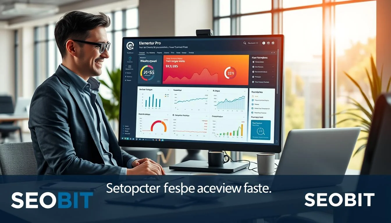 A sleek workspace featuring a modern computer setup, displaying a vibrant Elementor Pro dashboard on the screen, surrounded by notes and diagrams on how to optimize website performance. In the foreground, a focused professional in smart casual attire is intently analyzing the data, with a slight smile of understanding. The middle ground includes a stylish desk with tools like a laptop, cup of coffee, and graphs illustrating website speed improvements. The background showcases a bright office space with large windows, letting in warm sunlight, enhancing a productive atmosphere. The overall mood is one of clarity and innovation, emphasizing the importance of optimization for a faster website. SEOBIT branded elements subtly integrated into the design.