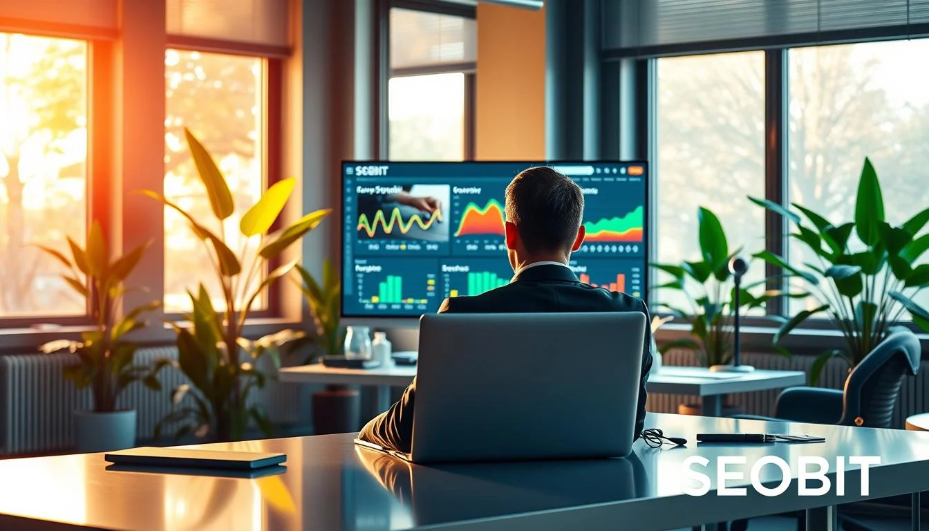 A vibrant, modern workspace showcasing the importance of optimizing WordPress websites with Elementor Pro. In the foreground, a professional person in business attire sits at a sleek, minimalist desk, intently focused on their laptop displaying a beautifully designed Elementor interface. The middle ground features a large monitor with graphs and performance metrics illustrating website speed improvements. In the background, bright, natural light filters through large windows, illuminating vibrant green plants, which add a touch of freshness to the scene. The atmosphere is one of productivity and innovation, with soft, warm lighting creating an inviting yet dynamic environment. Incorporate the brand name "SEOBIT" subtly within the workspace.