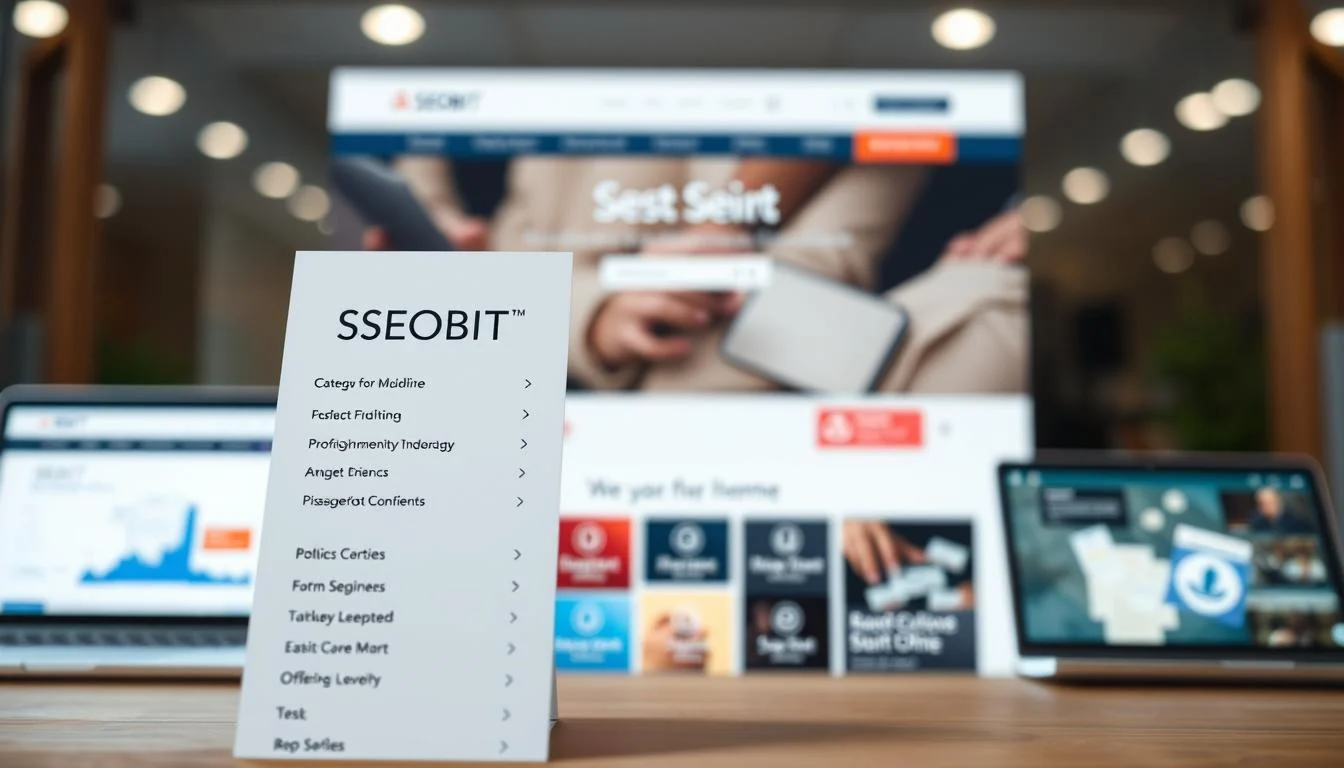 A visually striking mega menu design, showcasing a user-friendly and elegant interface, prominently featuring the brand name "SEOBIT". The foreground displays a sleek drop-down menu with clear categories and subcategories arranged in a visually appealing layout. The middle ground includes subtle icons representing various menu items, providing intuitive navigation. In the background, a blurred webpage concept sets a professional and modern atmosphere, suggesting a WordPress theme. Soft, diffused lighting enhances the clarity of the menu elements, creating a polished look. The overall mood conveys efficiency and sophistication, ideal for website development and digital marketing contexts. The composition is viewed from a slightly elevated angle, emphasizing the depth and structure of the menu design.